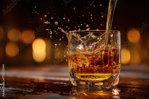 Whiskey Splash - Golden Liquid Pouring into Glass with Bokeh Background.