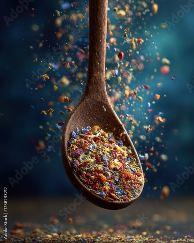 Wooden Spoon Cascading Colorful Spices - A Culinary Symphony in Motion, Dark Background.