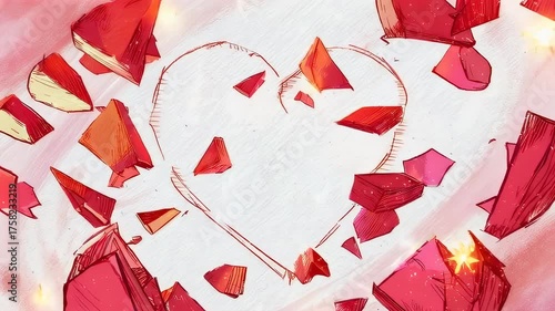 Abstract image of a heart outline, shattered with pieces of ruby red
