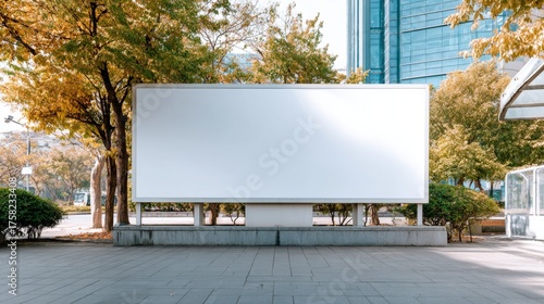 Empty billboard mockup surrounded by trees and modern buildings, ideal for outdoor advertising and promotional displays with copy space