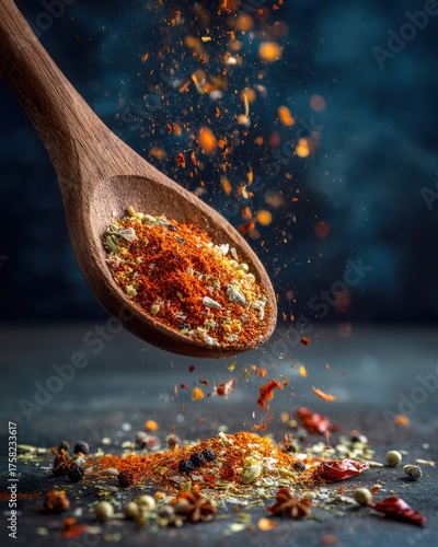 Wooden Spoon Dispensing Vibrant Spices, Dynamic Composition, Dark Moody Background.