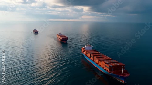 Cargo ships on ocean horizon under dramatic cloudy sky at sunset