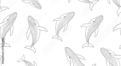 Whimsical outline drawings of leaping whales adorn this seamless repeating pattern.