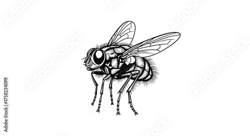 Close up illustration of a detailed housefly insect showing its complex segmented body and delicate wings in black and white.