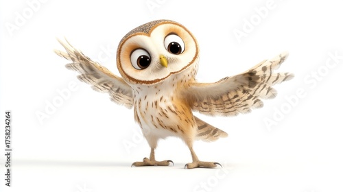 Cartoon owl spreads its wings on white backdrop. Use for animation, cards, or digital content