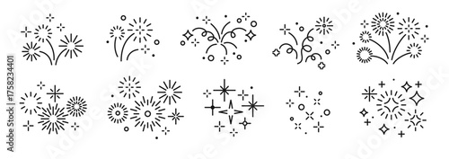 Star glitter line icons set isolated on white background. Vector illustration. Firework salute outline sketch design elements. Hand drawn shine magic sparks. Happy New year party logo, poster banner