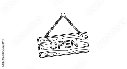 A hand drawn illustration of an open sign hanging from a chain