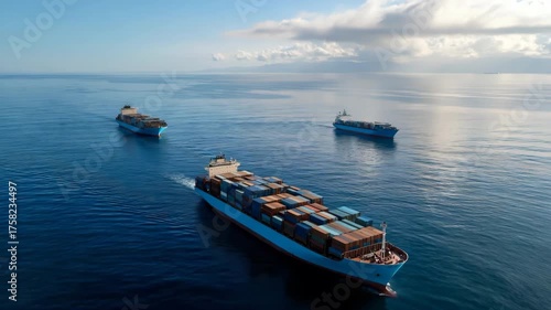 Cargo ships on calm ocean under clear sky with distant clouds