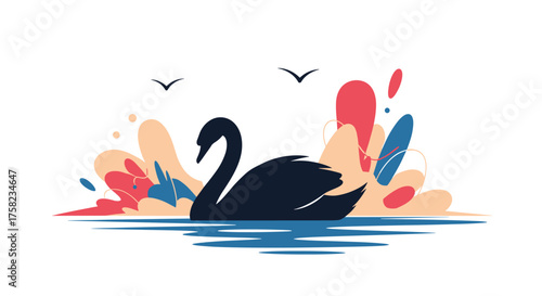 A graceful black swan glides serenely across the water surrounded by colorful splashes and two birds flying above.