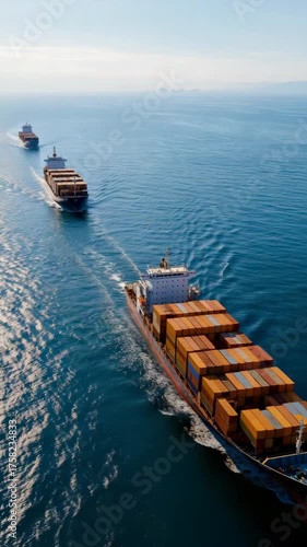 Cargo ships sailing in open sea with blue sky and calm waters