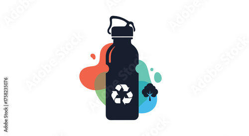 Reusable water bottle with recycling symbol and colorful splatters.