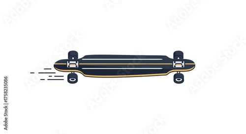 An illustration of a black longboard skateboard moving quickly across a white background.
