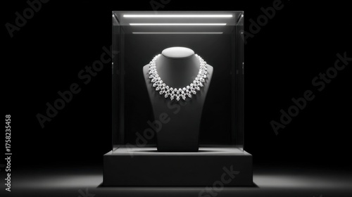 Elegant Diamond Necklace Showcase in Modern Display Case with Dramatic Lighting