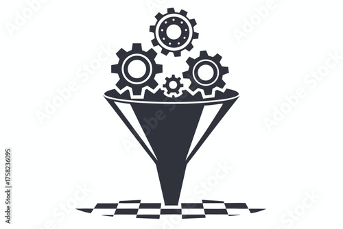 Gears flow into the funnel, falling on the checkered surface, creating a mechanical process