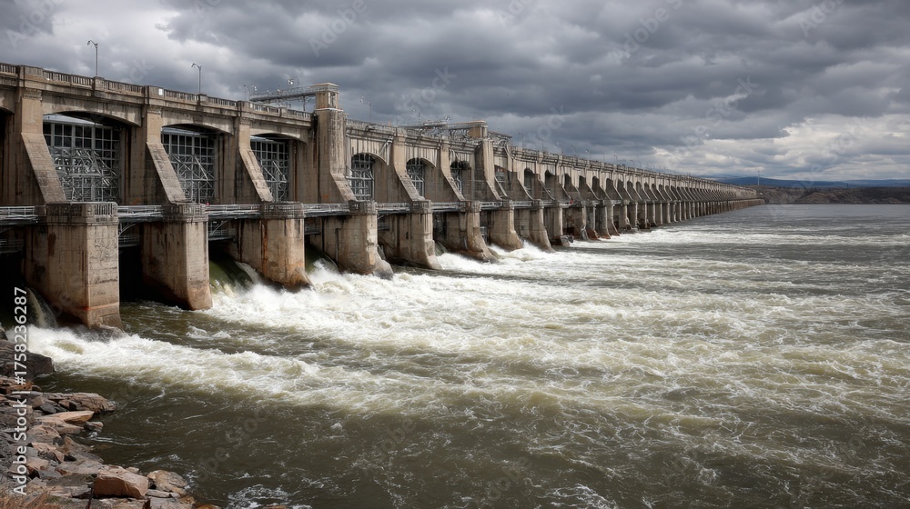 Obraz premium Impressive Hydroelectric Dam Under Dramatic Sky Showcasing Powerful Water Flow