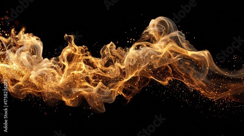 Golden smoke swirls and sparkles against a deep black background. Use it to add a magical or fiery element to your designs.