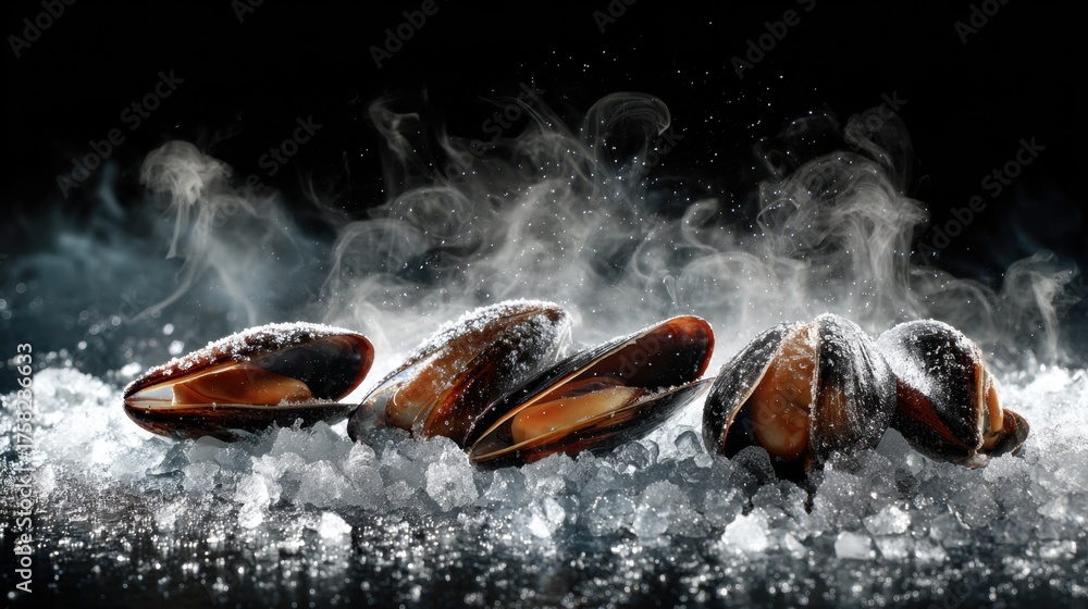 Fototapeta premium Fresh and Tasty Shellfish on Ice with Evaporating Steam in a Dark Background for Culinary Themes
