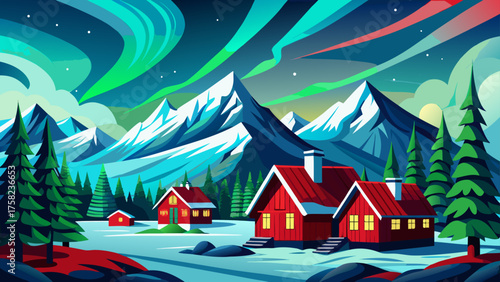Very beautiful northern lights dancing over red cabins in Alaska’s snowy mountains, illuminating the night sky with green and purple hues, creating a magical winter scene full of peace and natural won