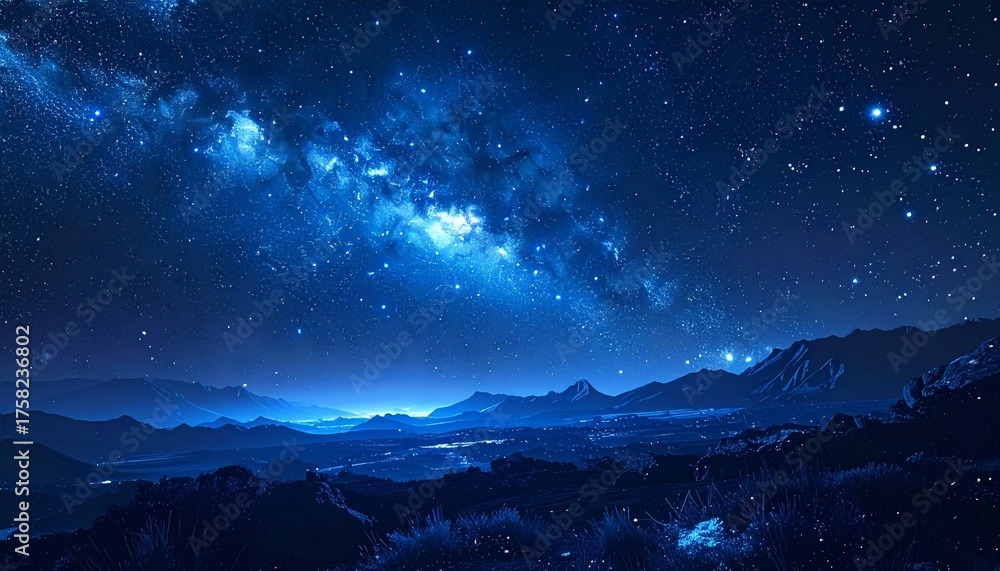 Fototapeta premium Beautiful dark blue night sky with bright stars clouds and moon over a mountain landscape