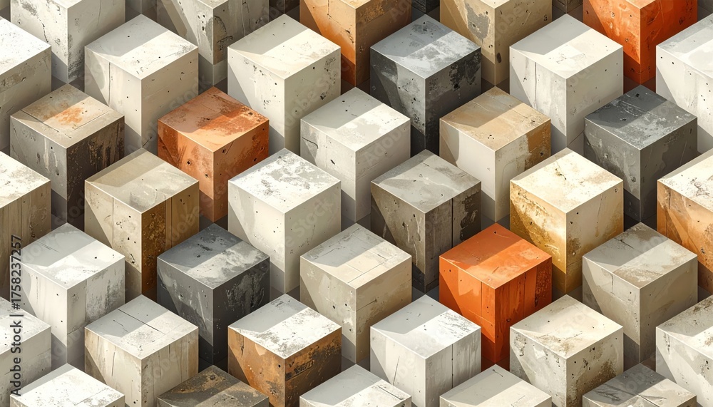 Fototapeta premium A large stack of wooden pallets, cardboard boxes, and building bricks forms a geometric concept structure for packaging and construction