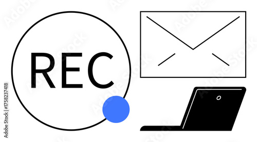 Recording button with blue dot, envelope indicating email, and laptop symbolizing digital communication workflows. Ideal for technology, communication, messaging, notifications, recording, business
