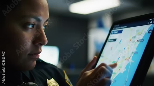 Woman using digital tablet with map data indoors