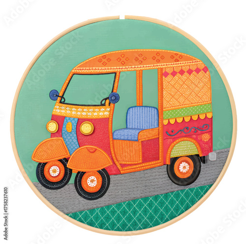 Whimsical auto rickshaw artwork, a vibrant tapestry of Indian culture, perfect for travel blogs, textile designs, and culturally rich projects.