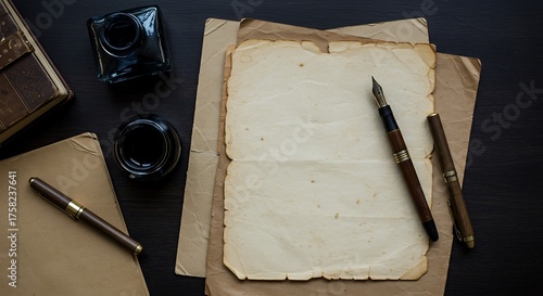 Vintage Writing Desk: Antique Book, Inkwells, Pens, Old Paper