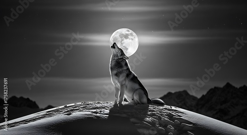 Wolf Howling at Full Moon in Snowy Landscape