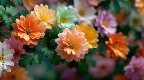 Vibrant Pastel Chrysanthemum Blooms and Green Foliage