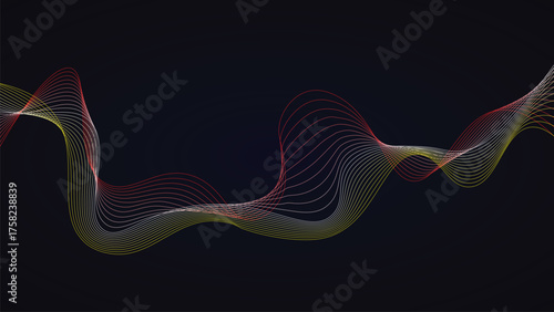 Abstract flowing lines background with dynamic waves in red yellow and white shades on dark background