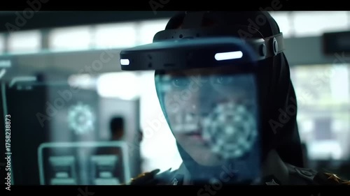 Woman wearing augmented reality headset looks concerned indoors with other figures