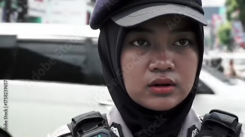 Woman wearing uniform outdoors looking directly at camera