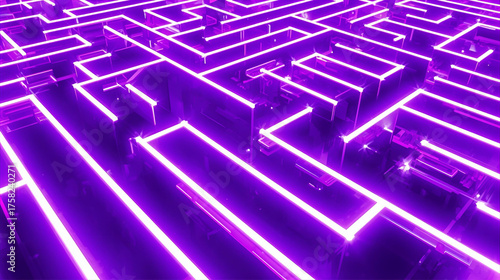 The abstract blue background features a 3D labyrinth maze with a strategic path and arrow, embodying the business concept of finding the solution to a problem and achieving success.