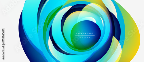 Abstract colorful layers create dynamic circular design. Bright hues blend, forming modern background element. Smooth gradients suggest movement.