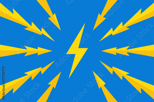 Bright yellow lightning bolts radiating outward on a vibrant blue background
