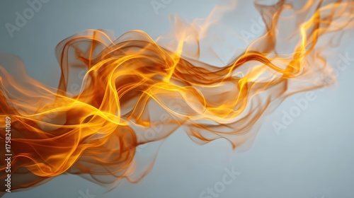 Golden abstract smoke swirls gracefully across a soft gray background. Use it to convey energy, passion, or creative flow in your designs.