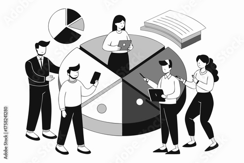 Business Professionals Discussing Pie Chart and Documents in Monochrome