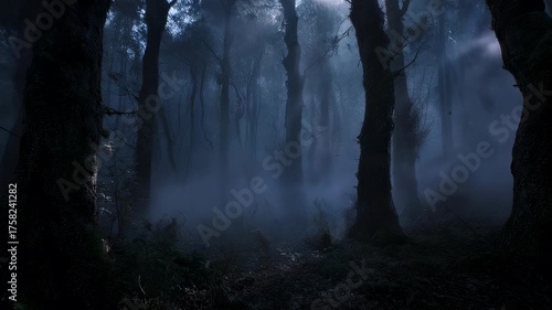 A misty forest with tall, dark trees and light shining through the fog