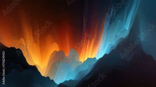 Abstract landscape shows mountains with light effects in orange and blue. Good for presentations needing dramatic, surreal, or fantasy illustrations.