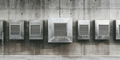Minimalist abstract composition of metal air vents and geometric ducts, silver tones, industrial aesthetic.