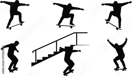 Skateboarder silhouette performing extreme tricks, urban street skateboarding action poses, jump stunts, rail grind, stairs challenge, freestyle vector illustration design