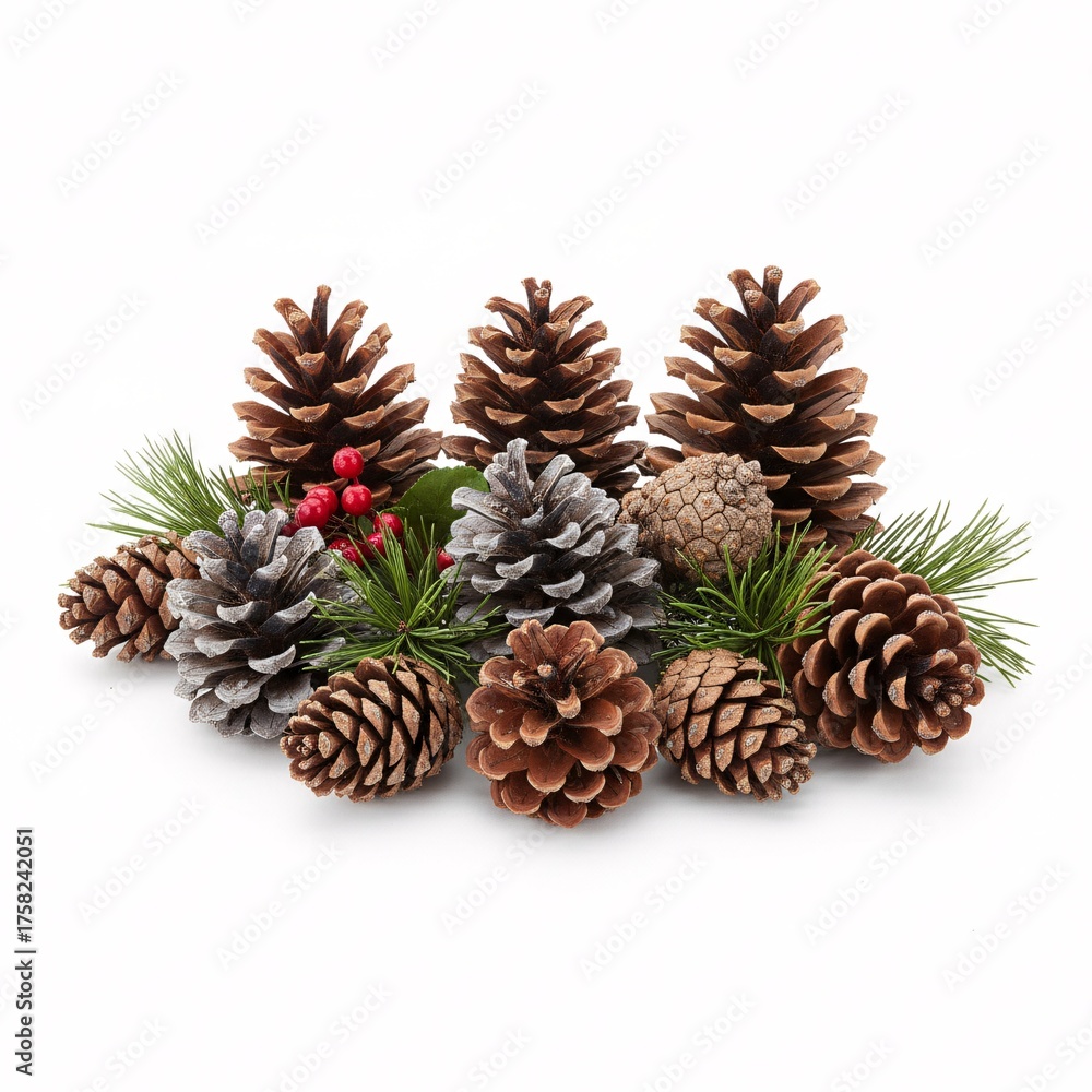 Fototapeta premium Composition of pine cones, green needles, and red berries