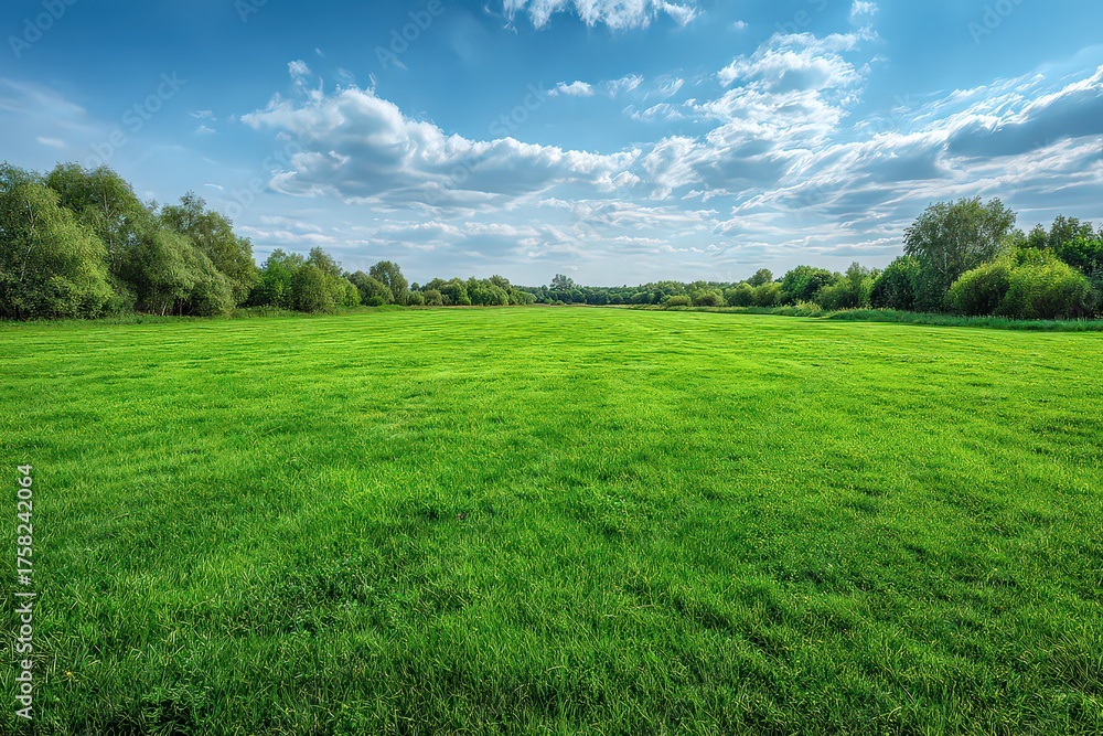 Fototapeta premium Vibrant Green Field Under a Blue Sky with Scattered Clouds