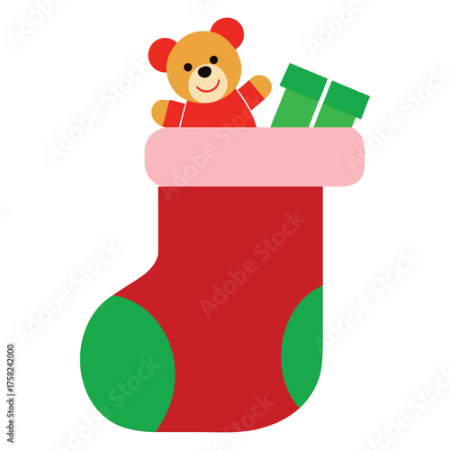 Cute teddy bear and gifts peeking out of a red christmas stocking