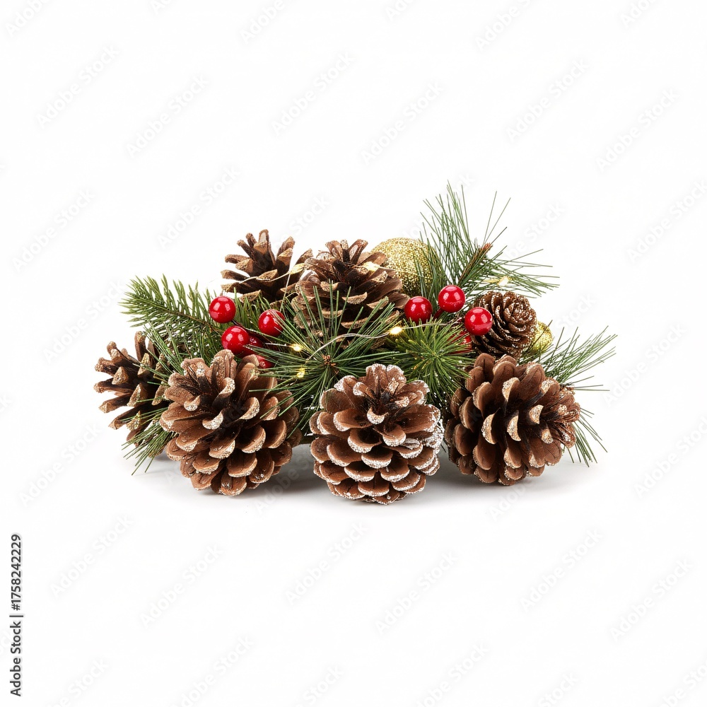 Fototapeta premium Composition of pine cones, green needles, and red berries