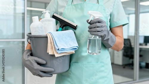 Cleaning professional prepares supplies to maintain a tidy workplace in a modern office setting