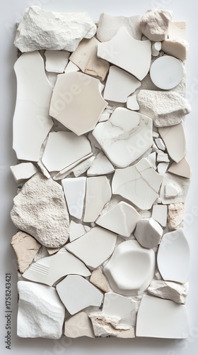 Broken white ceramic pieces assembled into a textured surface, creating an abstract arrangement of fragmented shapes and natural stone.