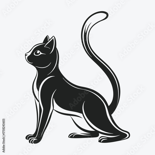 Graceful black cat stretching its back with elegant curve and sleek silhouette