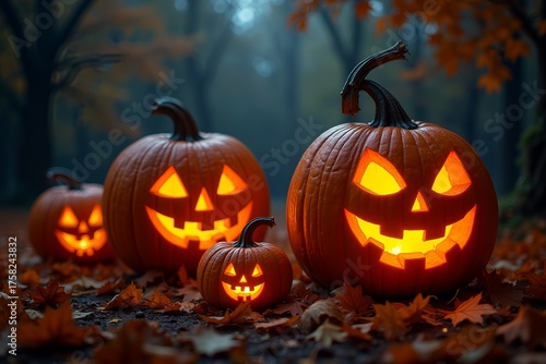 A group of jack-o'-lanterns on Halloween against the backdrop of a forest